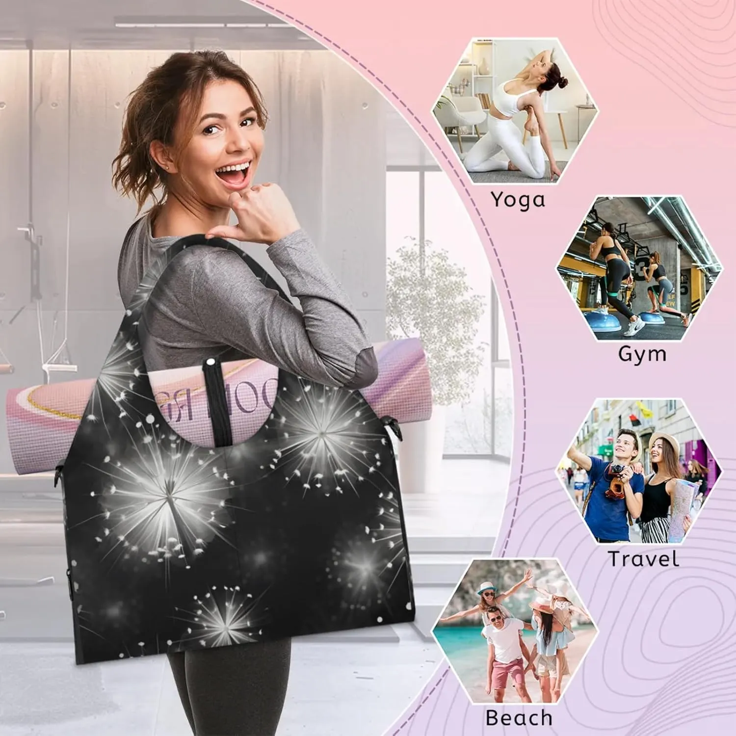 Gym Bag for Women Dancing Dandelions Duffel Bag with Shoe Compartment and Yoga Mat Holder Portable Weekender Bags Travel Tote Bags