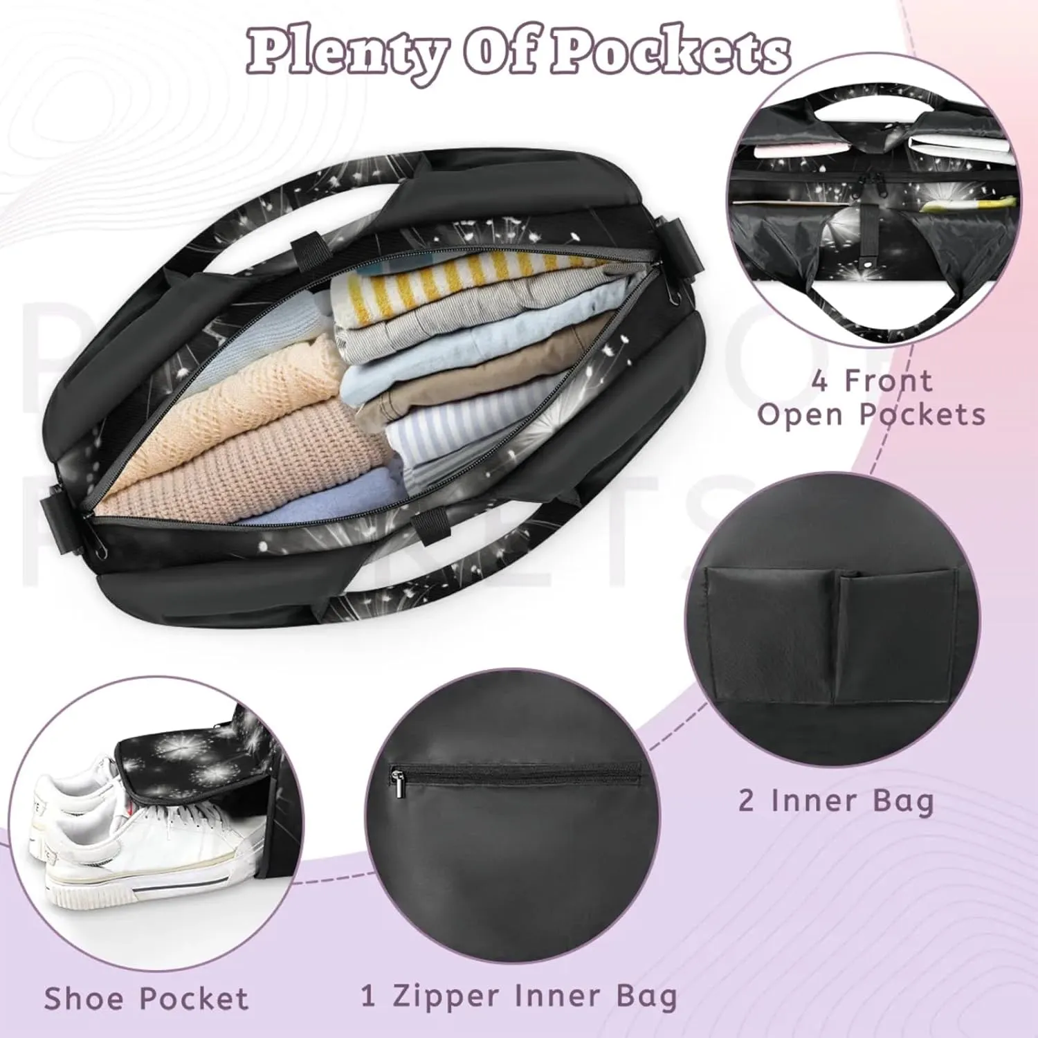 Gym Bag for Women Dancing Dandelions Duffel Bag with Shoe Compartment and Yoga Mat Holder Portable Weekender Bags Travel Tote Bags
