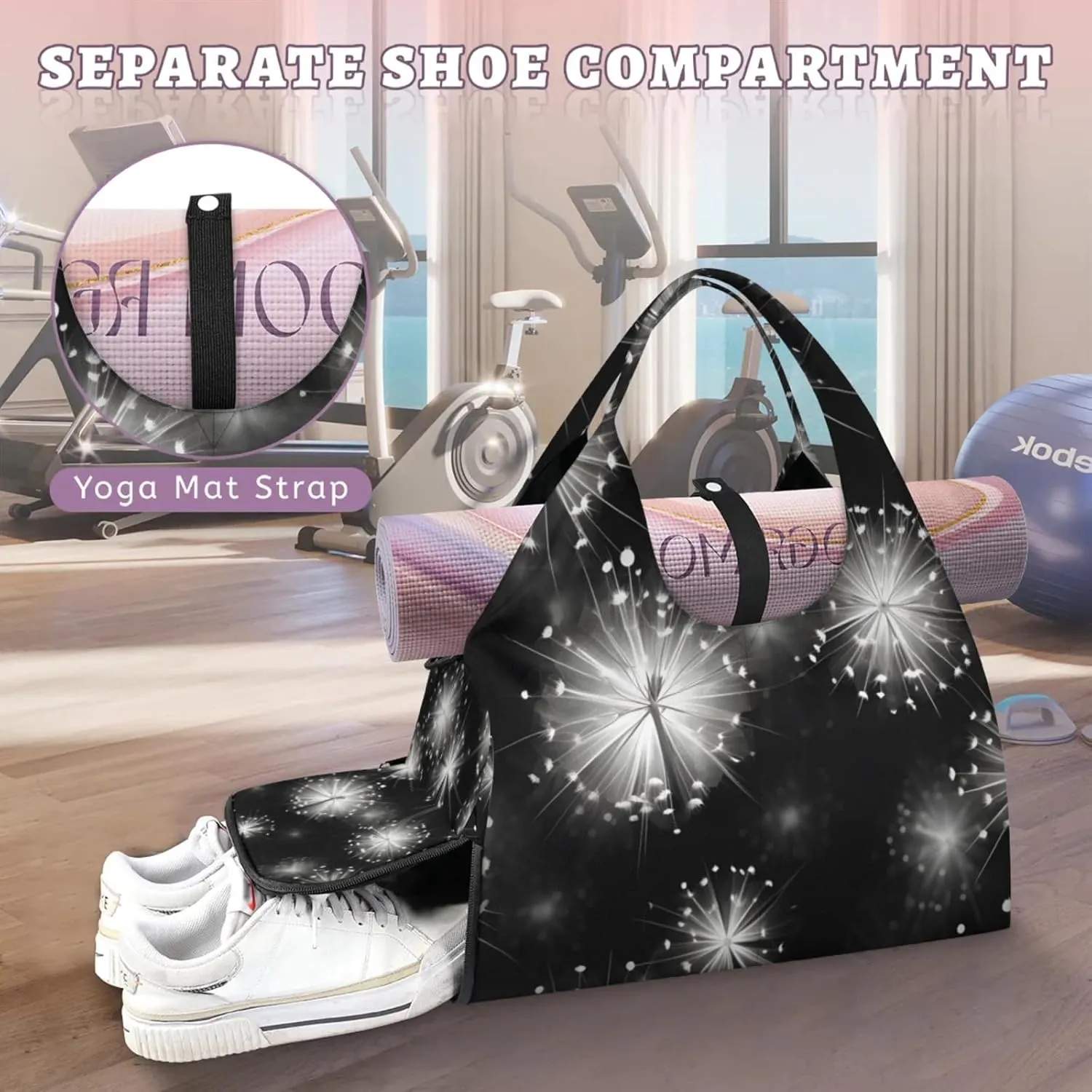Gym Bag for Women Dancing Dandelions Duffel Bag with Shoe Compartment and Yoga Mat Holder Portable Weekender Bags Travel Tote Bags