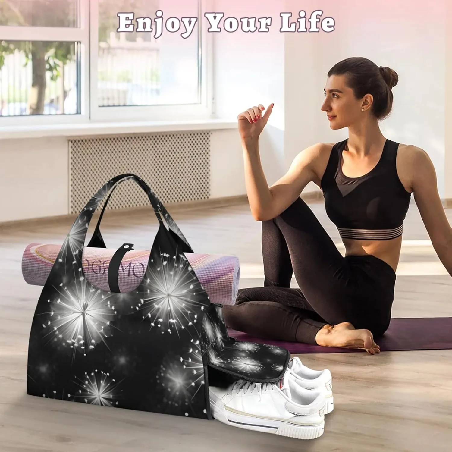 Gym Bag for Women Dancing Dandelions Duffel Bag with Shoe Compartment and Yoga Mat Holder Portable Weekender Bags Travel Tote Bags