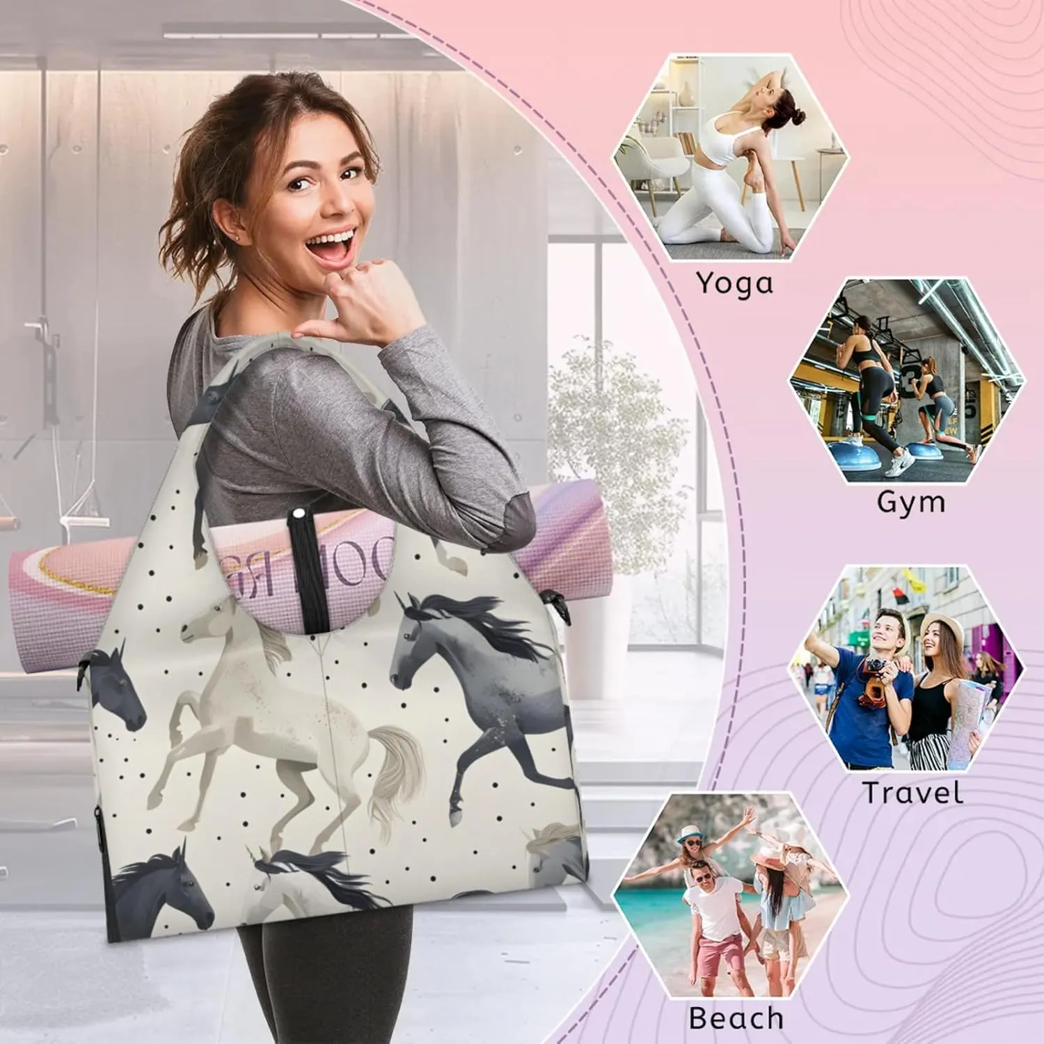 Gym Bag for Women Horse Printed Duffel Bag with Shoe Compartment and Yoga Mat Holder Portable Weekender Bags Travel Tote Bags