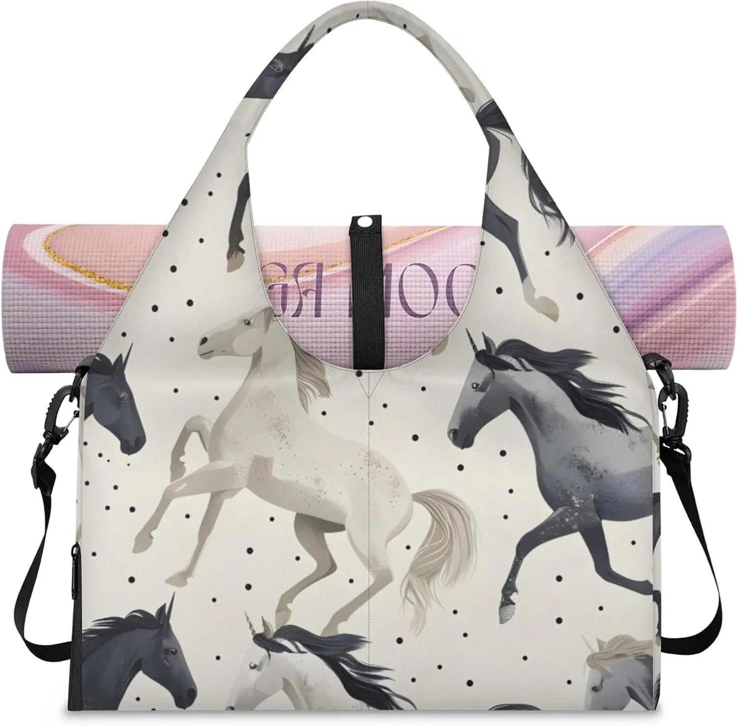 Gym Bag for Women Horse Printed Duffel Bag with Shoe Compartment and Yoga Mat Holder Portable Weekender Bags Travel Tote Bags