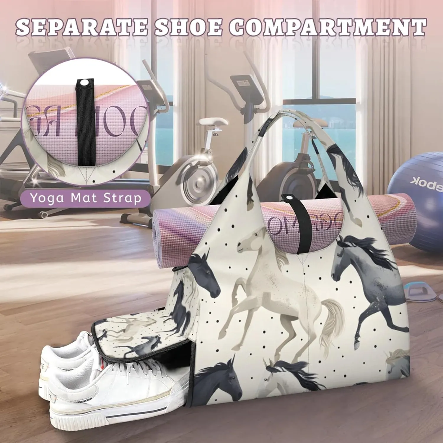 Gym Bag for Women Horse Printed Duffel Bag with Shoe Compartment and Yoga Mat Holder Portable Weekender Bags Travel Tote Bags