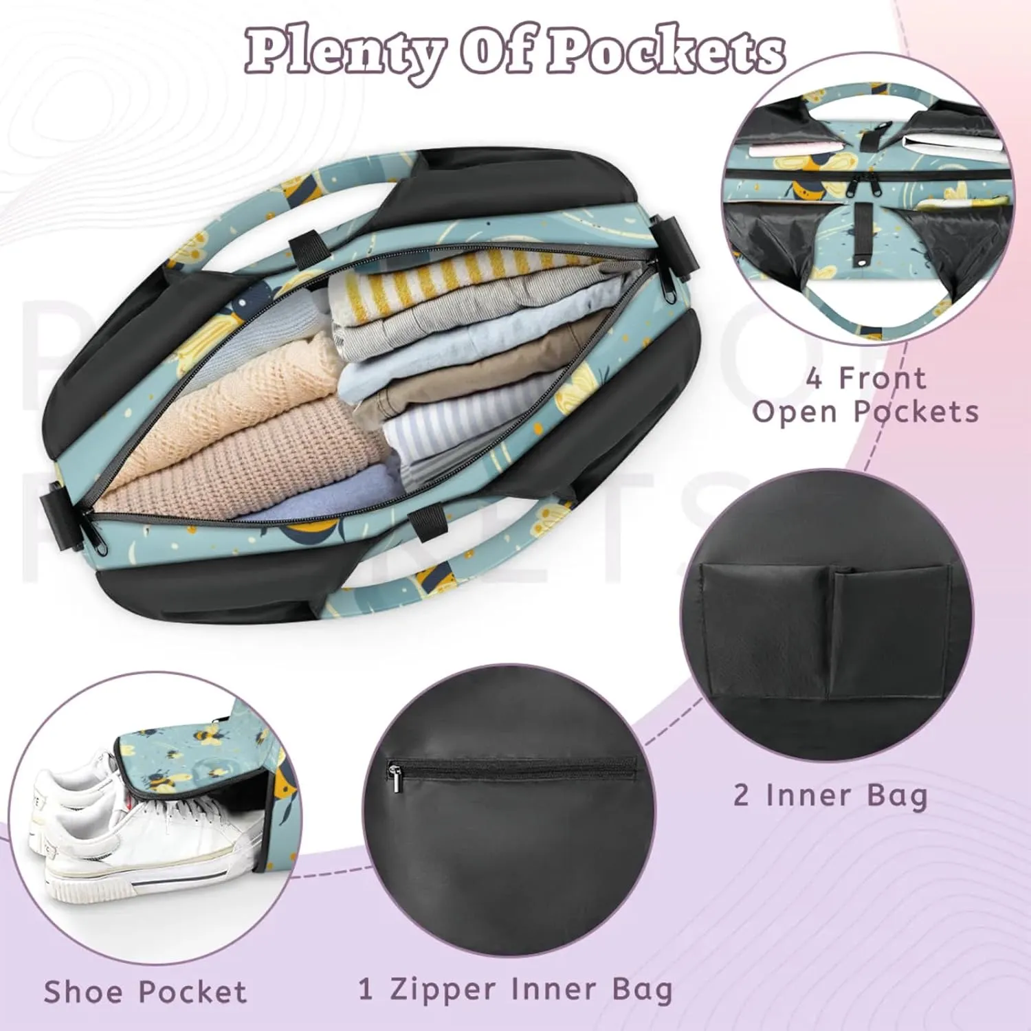 Gym Bag for Women Lovely Bees Duffel Bag with Shoe Compartment and Yoga Mat Holder Portable Weekender Bags Travel Tote Bags