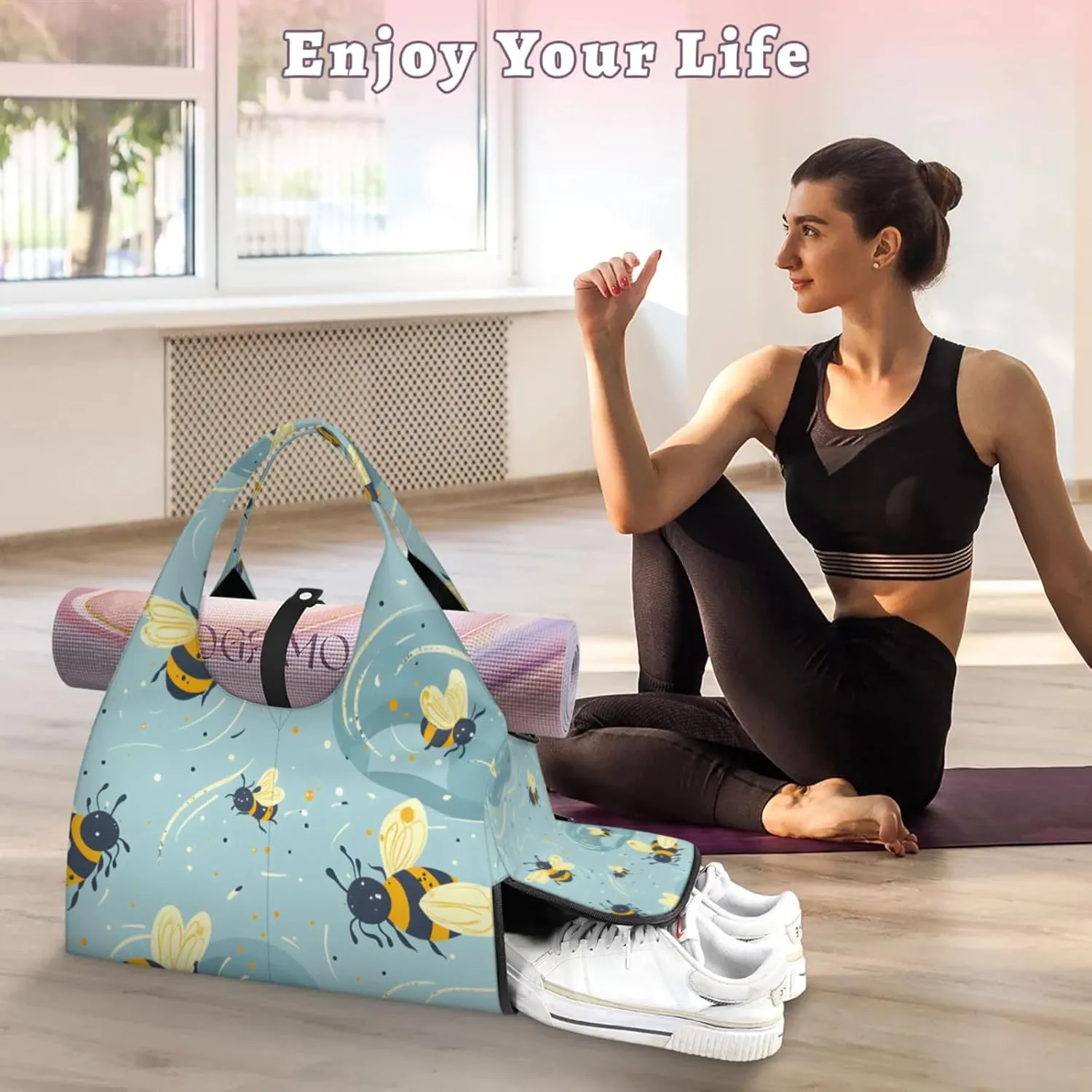 Gym Bag for Women Lovely Bees Duffel Bag with Shoe Compartment and Yoga Mat Holder Portable Weekender Bags Travel Tote Bags