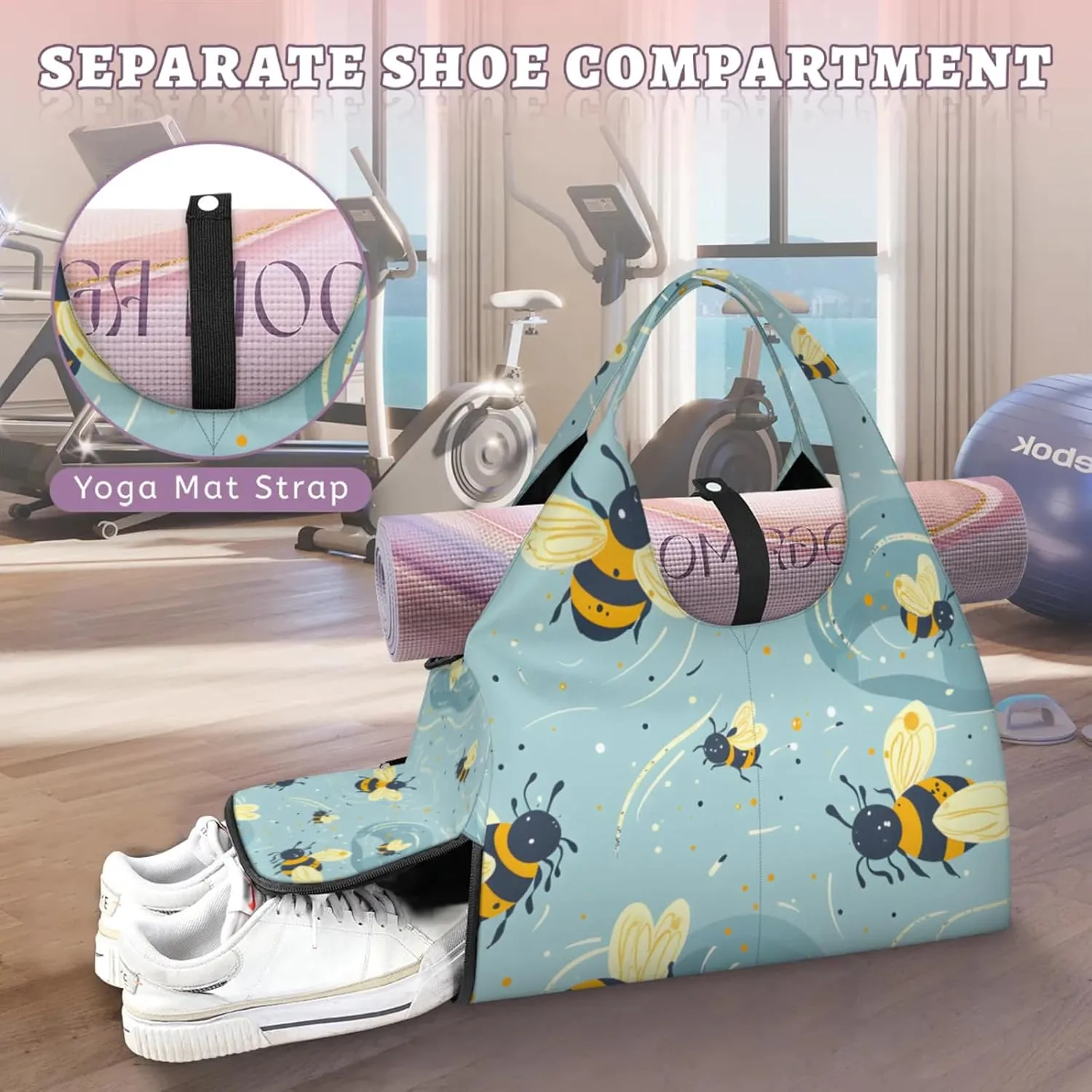Gym Bag for Women Lovely Bees Duffel Bag with Shoe Compartment and Yoga Mat Holder Portable Weekender Bags Travel Tote Bags
