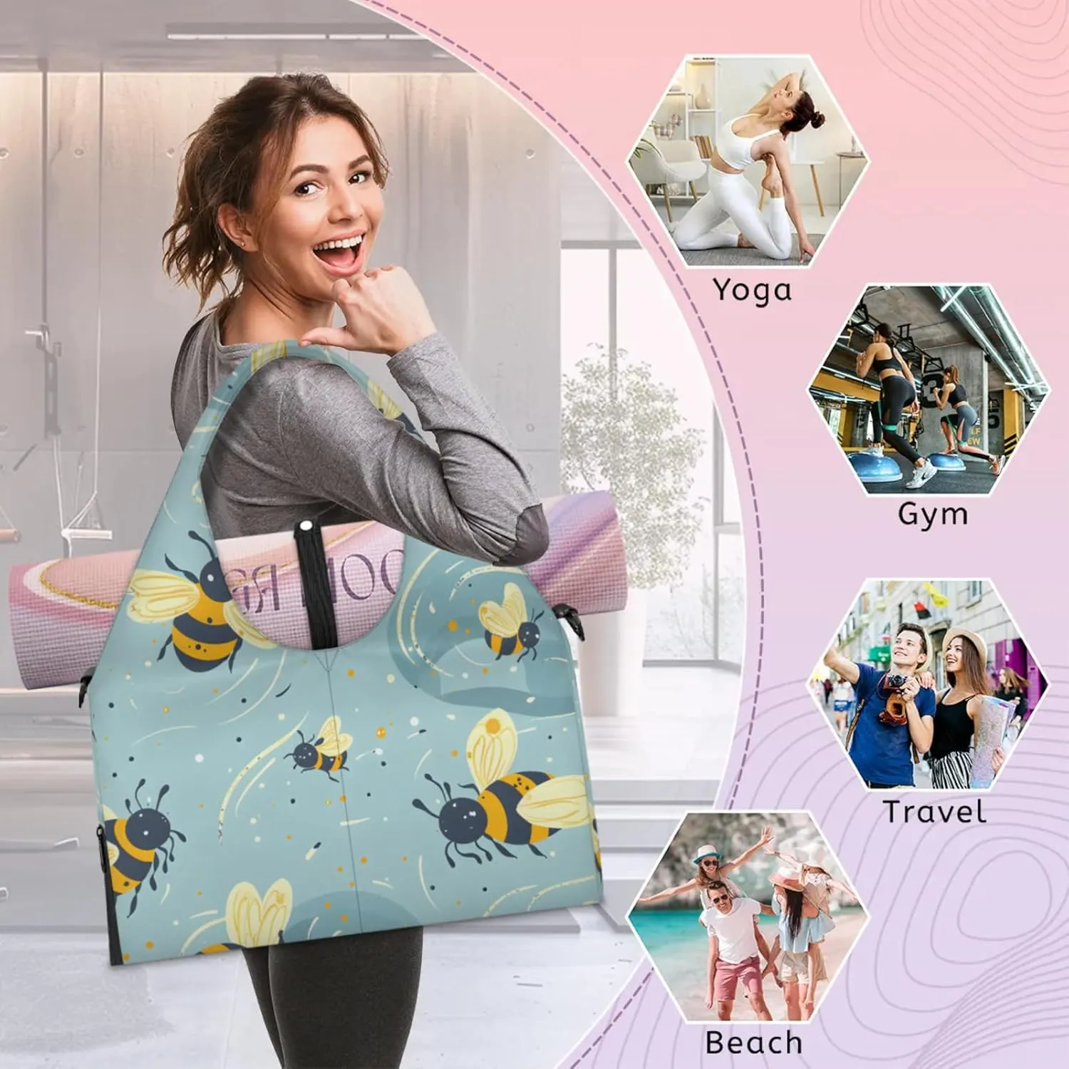 Gym Bag for Women Lovely Bees Duffel Bag with Shoe Compartment and Yoga Mat Holder Portable Weekender Bags Travel Tote Bags
