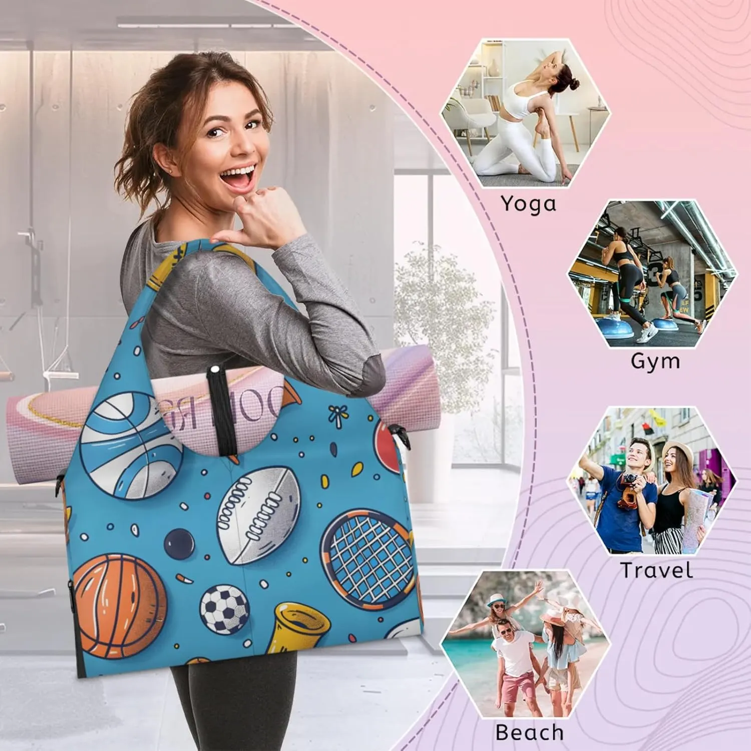 Gym Bag for Women Sport Theme Duffel Bag with Shoe Compartment and Yoga Mat Holder Portable Weekender Bags Travel Tote Bags