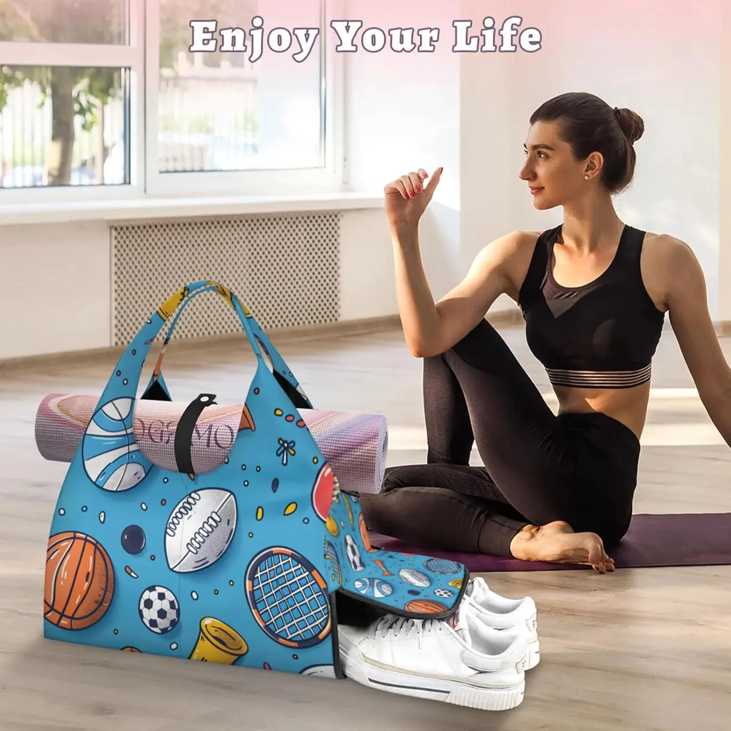 Gym Bag for Women Sport Theme Duffel Bag with Shoe Compartment and Yoga Mat Holder Portable Weekender Bags Travel Tote Bags