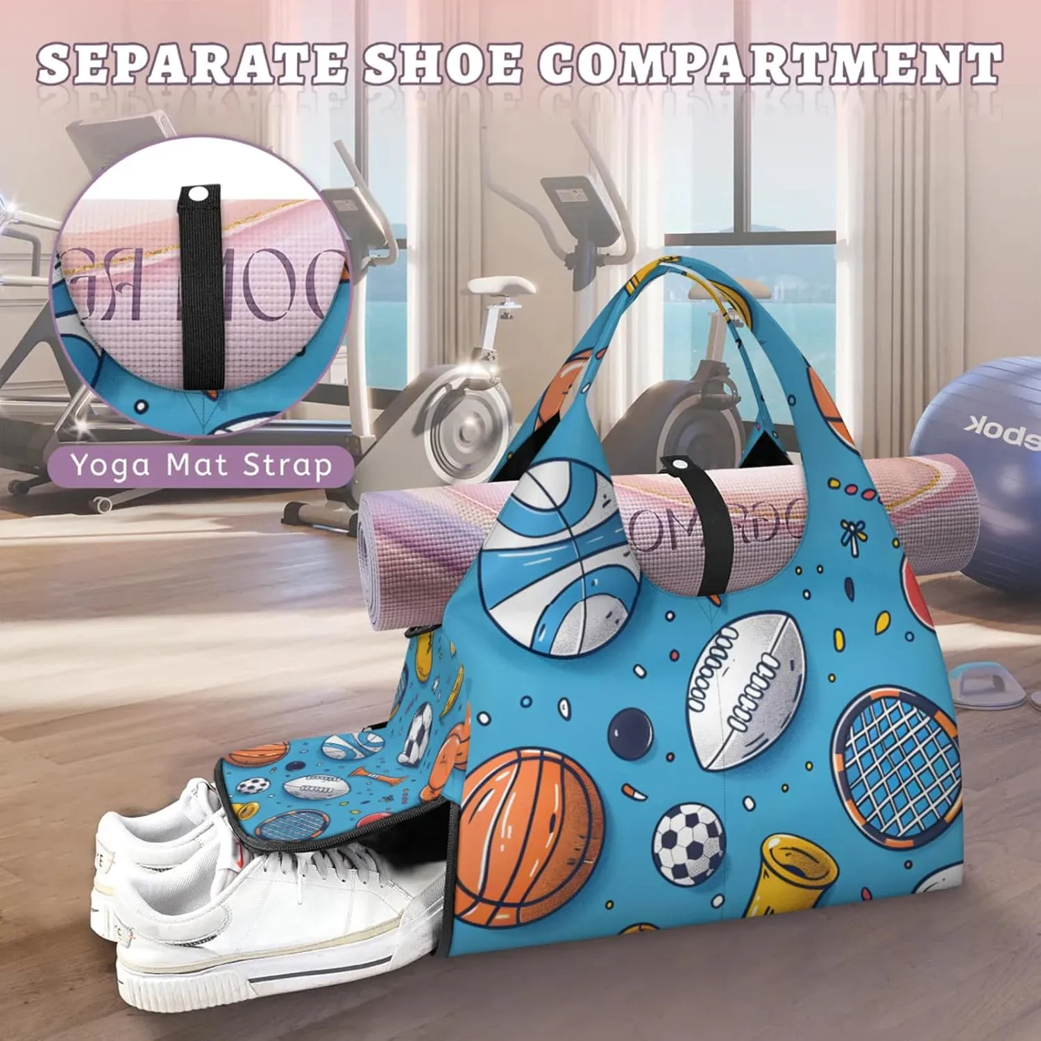 Gym Bag for Women Sport Theme Duffel Bag with Shoe Compartment and Yoga Mat Holder Portable Weekender Bags Travel Tote Bags