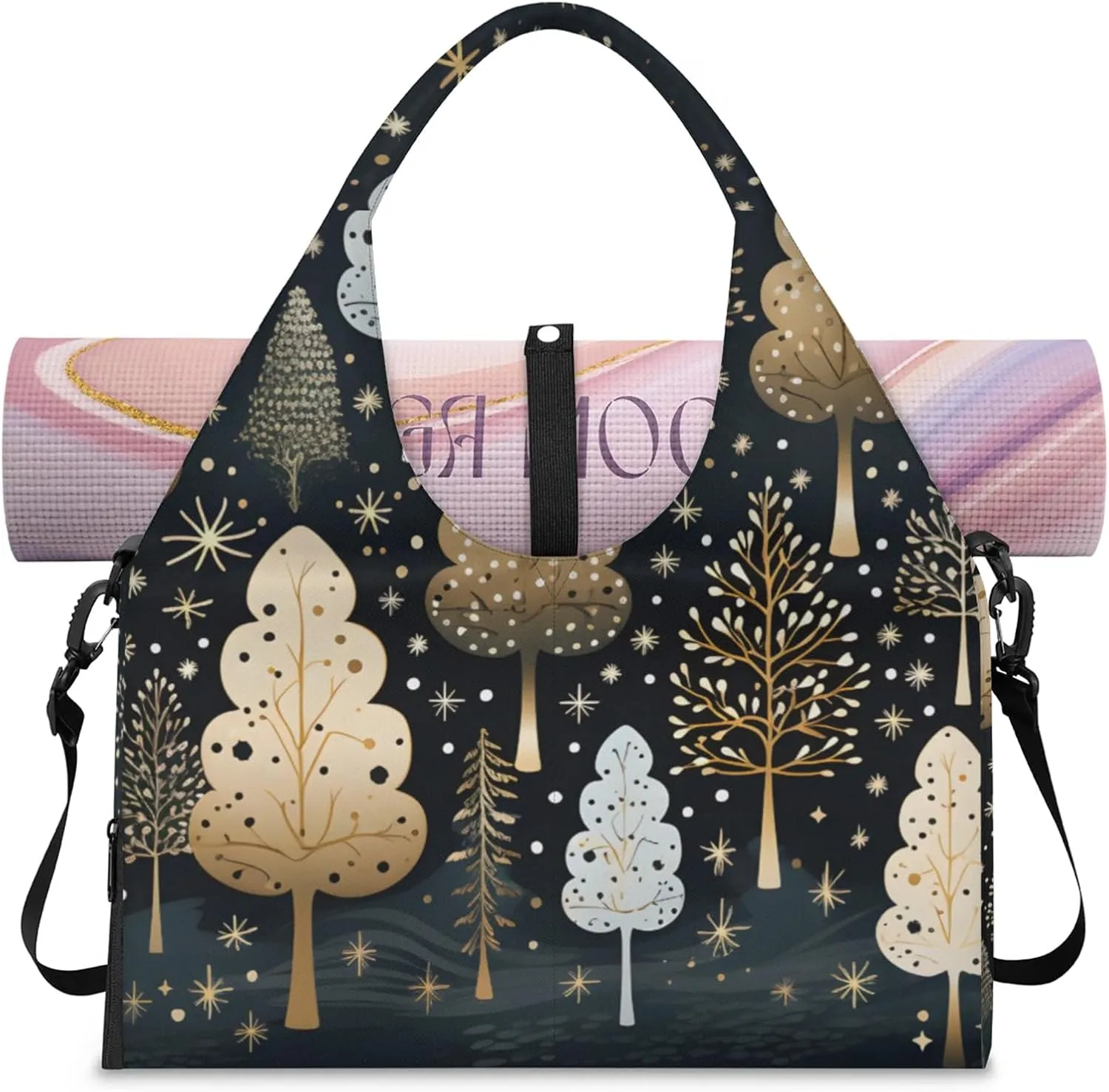 Gym Bag for Women Trees Theme Duffel Bag with Shoe Compartment and Yoga Mat Holder Portable Weekender Bags Travel Tote Bags
