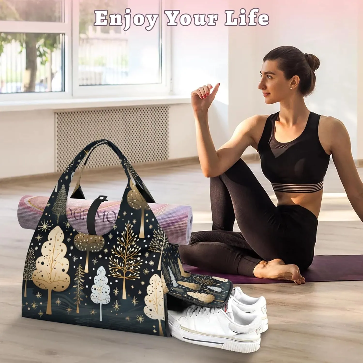 Gym Bag for Women Trees Theme Duffel Bag with Shoe Compartment and Yoga Mat Holder Portable Weekender Bags Travel Tote Bags