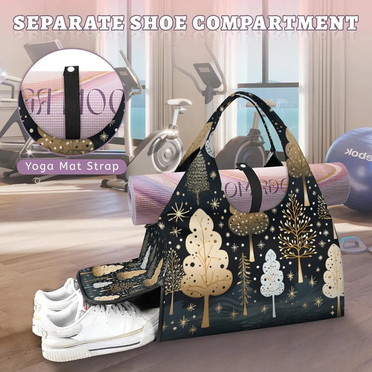 Gym Bag for Women Trees Theme Duffel Bag with Shoe Compartment and Yoga Mat Holder Portable Weekender Bags Travel Tote Bags