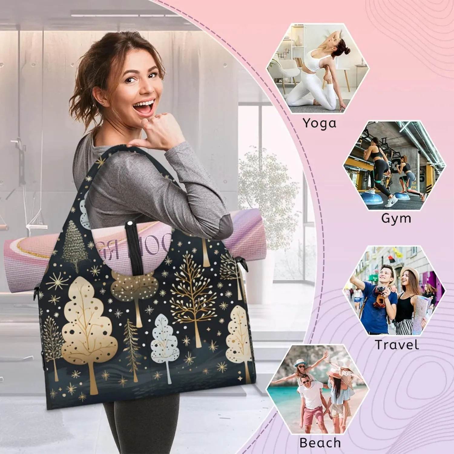 Gym Bag for Women Trees Theme Duffel Bag with Shoe Compartment and Yoga Mat Holder Portable Weekender Bags Travel Tote Bags