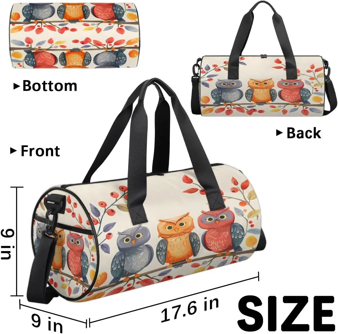 Gym Bags for Men Women Animal Bird Owl Sports Duffel Bags Carry On Travel Duffle Bag with Detachable Adjustable Shoulder Strap Overnight Weekender Bag