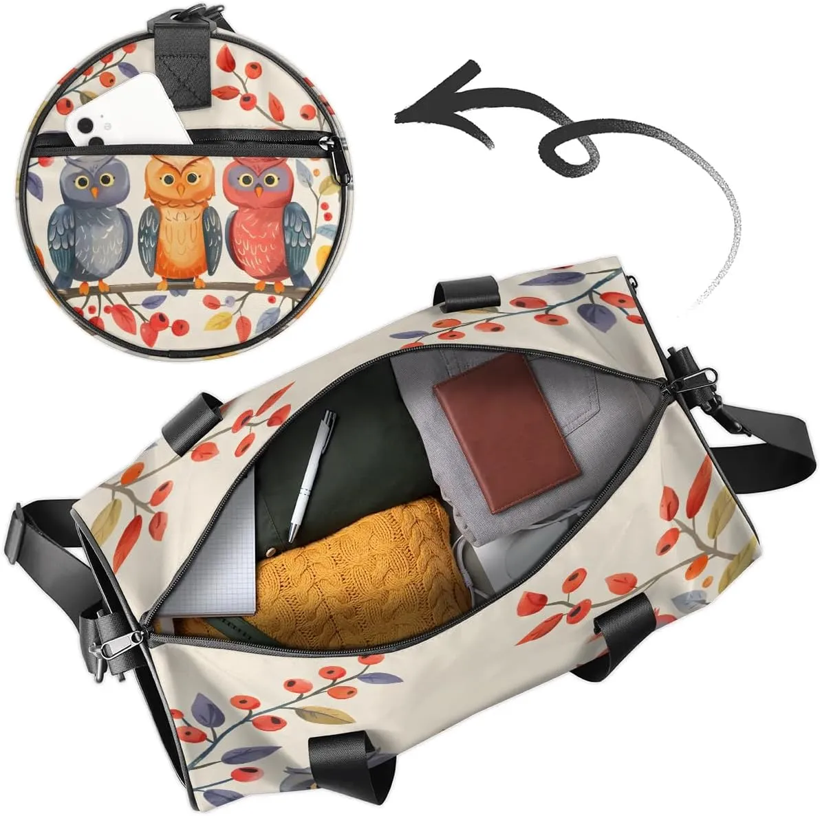 Gym Bags for Men Women Animal Bird Owl Sports Duffel Bags Carry On Travel Duffle Bag with Detachable Adjustable Shoulder Strap Overnight Weekender Bag