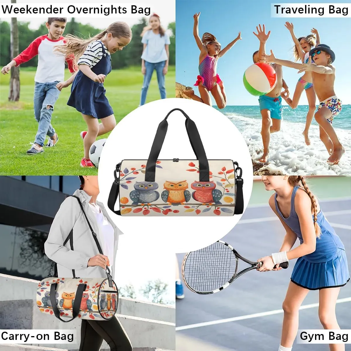 Gym Bags for Men Women Animal Bird Owl Sports Duffel Bags Carry On Travel Duffle Bag with Detachable Adjustable Shoulder Strap Overnight Weekender Bag