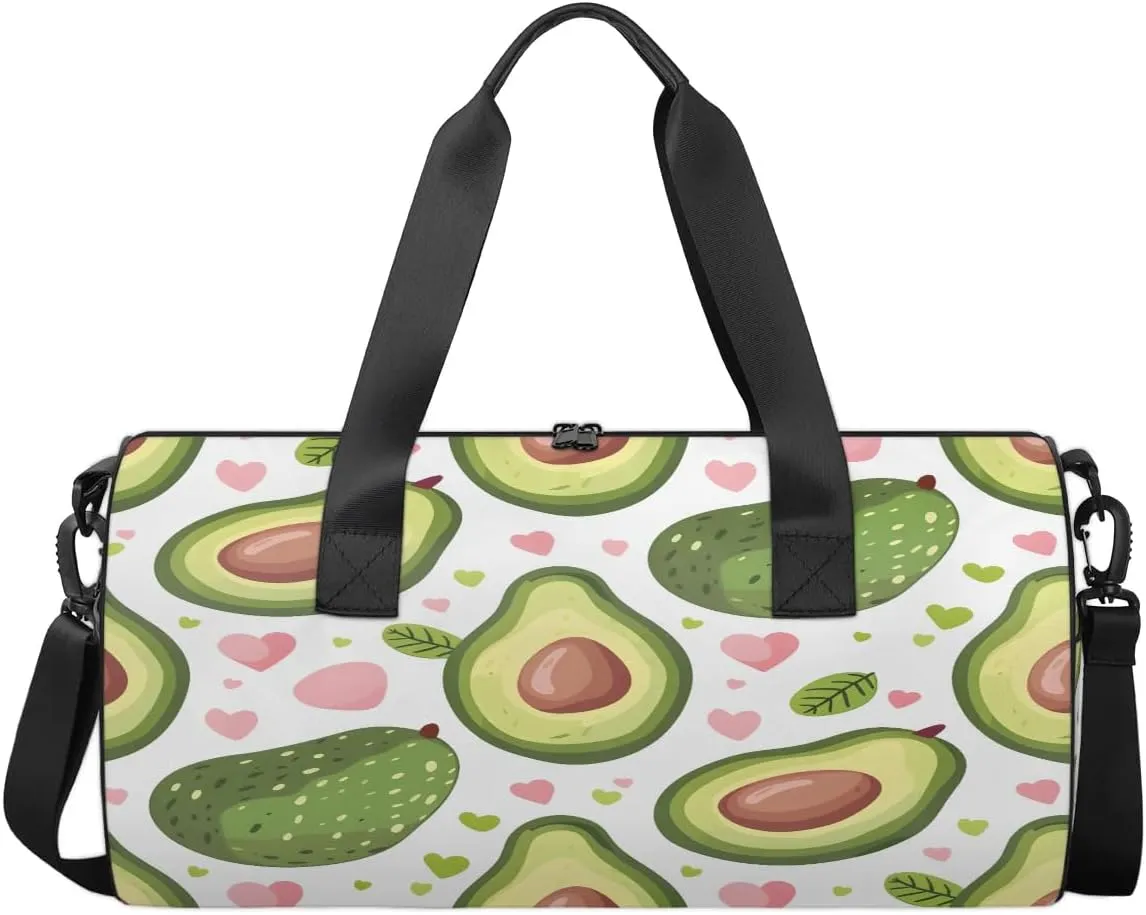 Gym Bags for Men Women Avocado Love Heart Sports Duffel Bags Carry On Travel Duffle Bag with Detachable Adjustable Shoulder Strap Overnight Weekender Bag