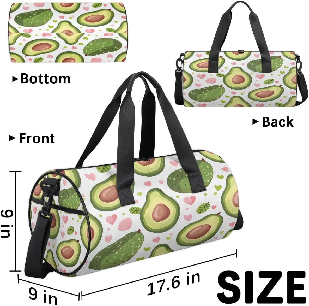 Gym Bags for Men Women Avocado Love Heart Sports Duffel Bags Carry On Travel Duffle Bag with Detachable Adjustable Shoulder Strap Overnight Weekender Bag