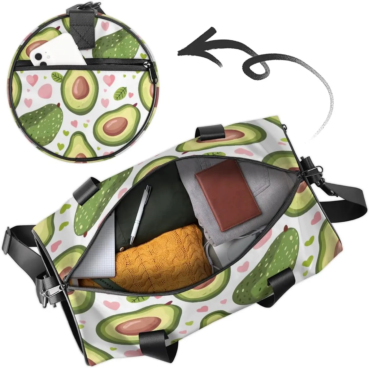 Gym Bags for Men Women Avocado Love Heart Sports Duffel Bags Carry On Travel Duffle Bag with Detachable Adjustable Shoulder Strap Overnight Weekender Bag