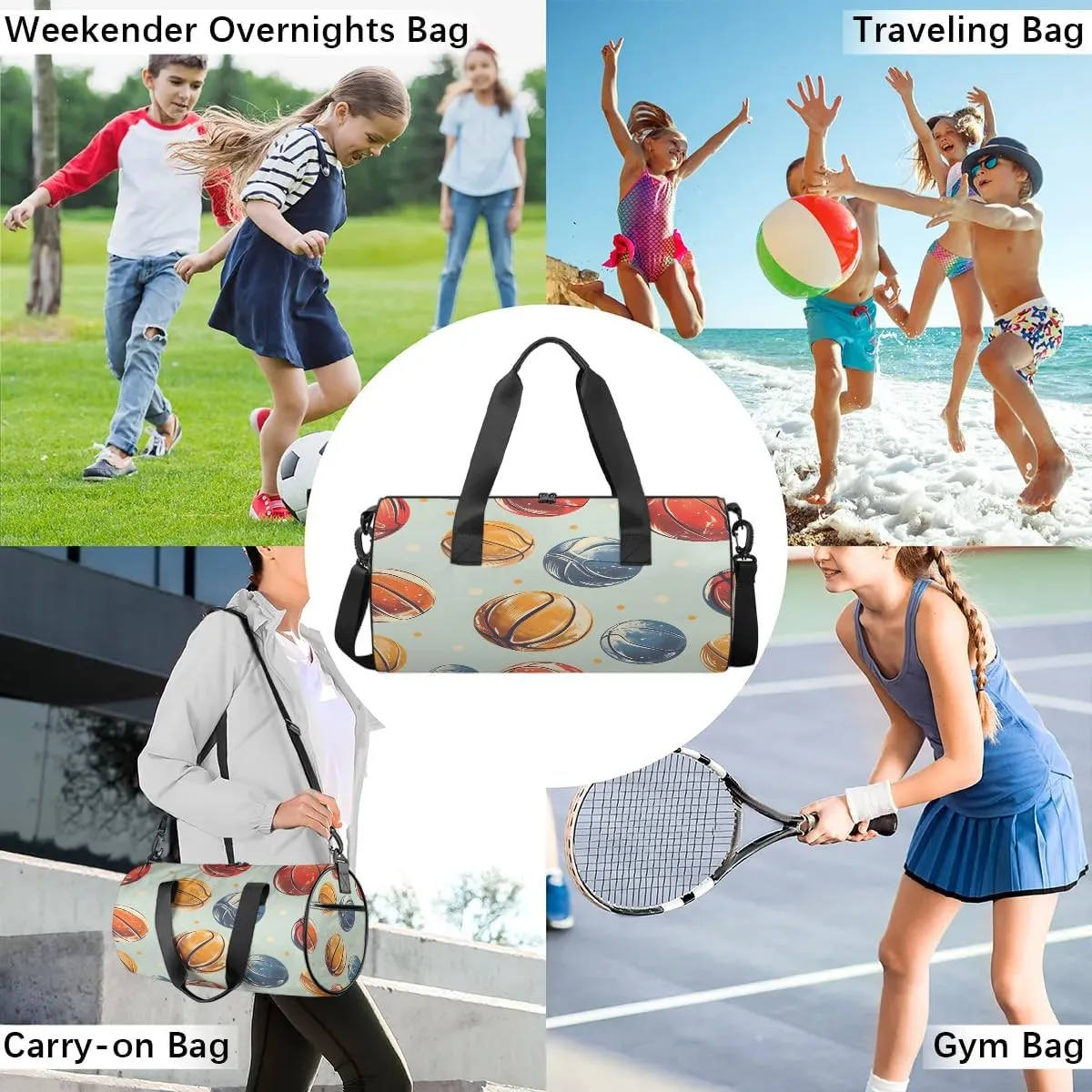 Gym Bags for Men Women Basketballs Print Sports Duffel Bags Carry On Travel Duffle Bag with Detachable Adjustable Shoulder Strap Overnight Weekender Bag