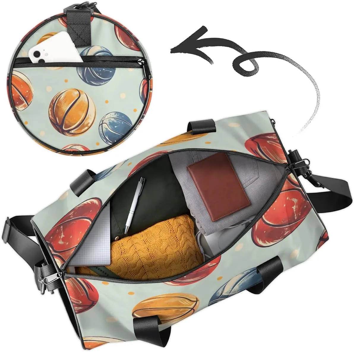 Gym Bags for Men Women Basketballs Print Sports Duffel Bags Carry On Travel Duffle Bag with Detachable Adjustable Shoulder Strap Overnight Weekender Bag