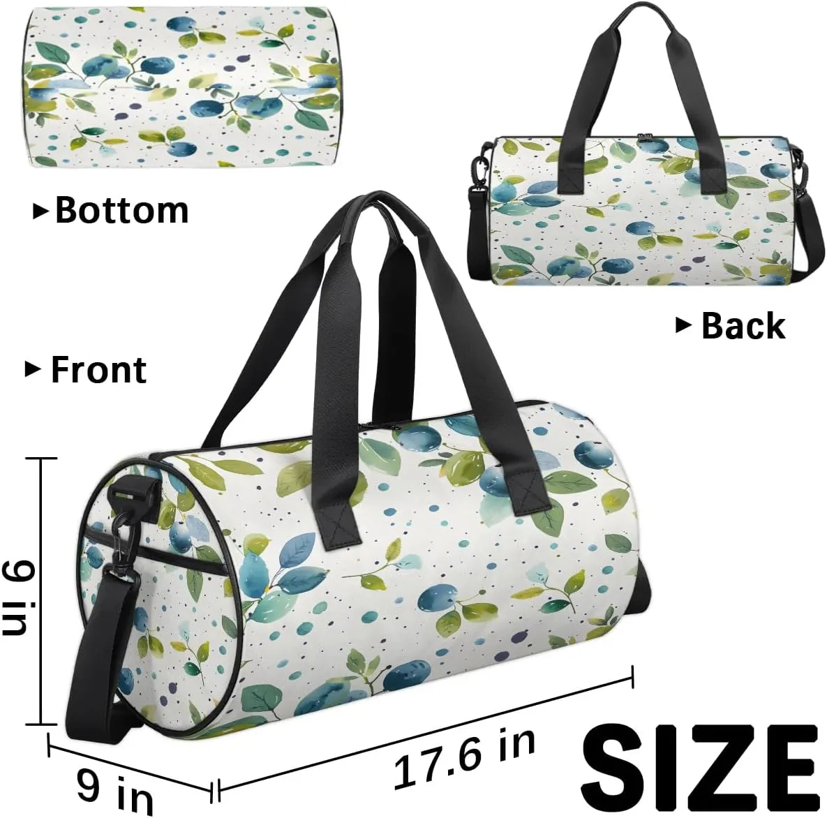 Gym Bags for Men Women Blueberry Watercolor Sports Duffel Bags Carry On Travel Duffle Bag with Detachable Adjustable Shoulder Strap Overnight Weekender Bag