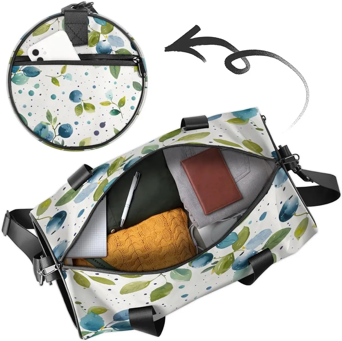 Gym Bags for Men Women Blueberry Watercolor Sports Duffel Bags Carry On Travel Duffle Bag with Detachable Adjustable Shoulder Strap Overnight Weekender Bag