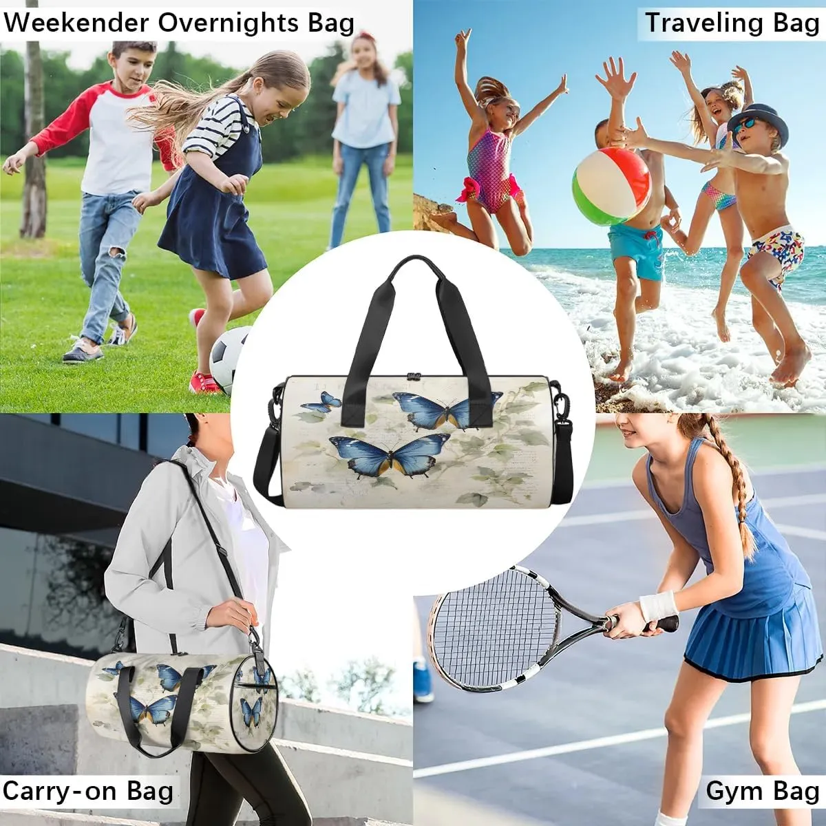 Gym Bags for Men Women Butterfly Leaf Sports Duffel Bags Carry On Travel Duffle Bag with Detachable Adjustable Shoulder Strap Overnight Weekender Bag