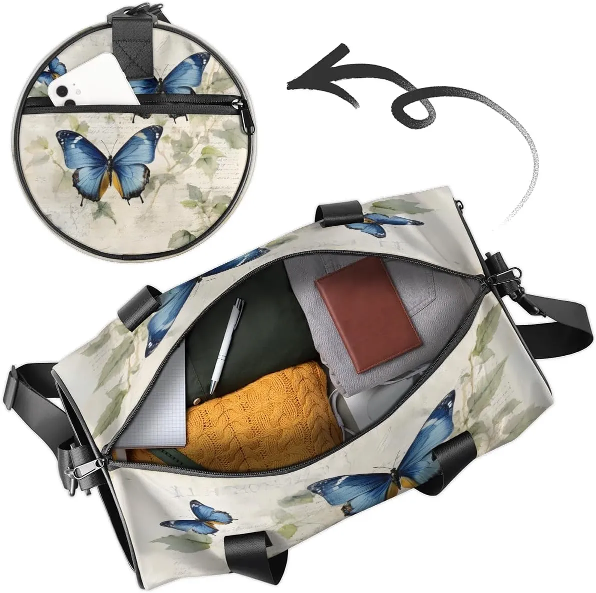 Gym Bags for Men Women Butterfly Leaf Sports Duffel Bags Carry On Travel Duffle Bag with Detachable Adjustable Shoulder Strap Overnight Weekender Bag
