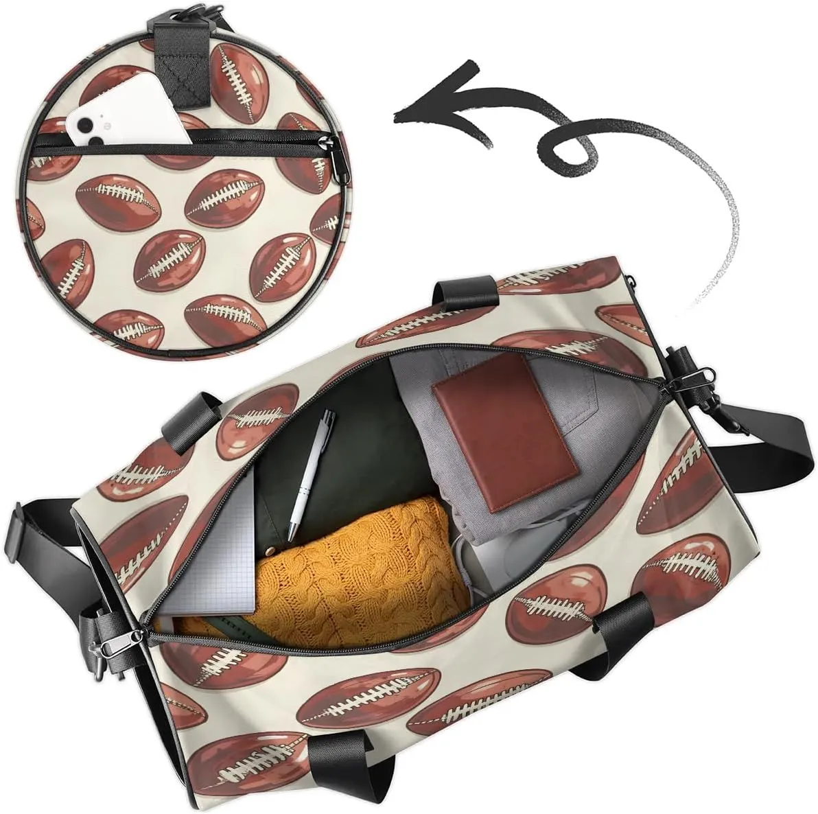 Gym Bags for Men Women Footballs Printed Sports Duffel Bags Carry On Travel Duffle Bag with Detachable Adjustable Shoulder Strap Overnight Weekender Bag