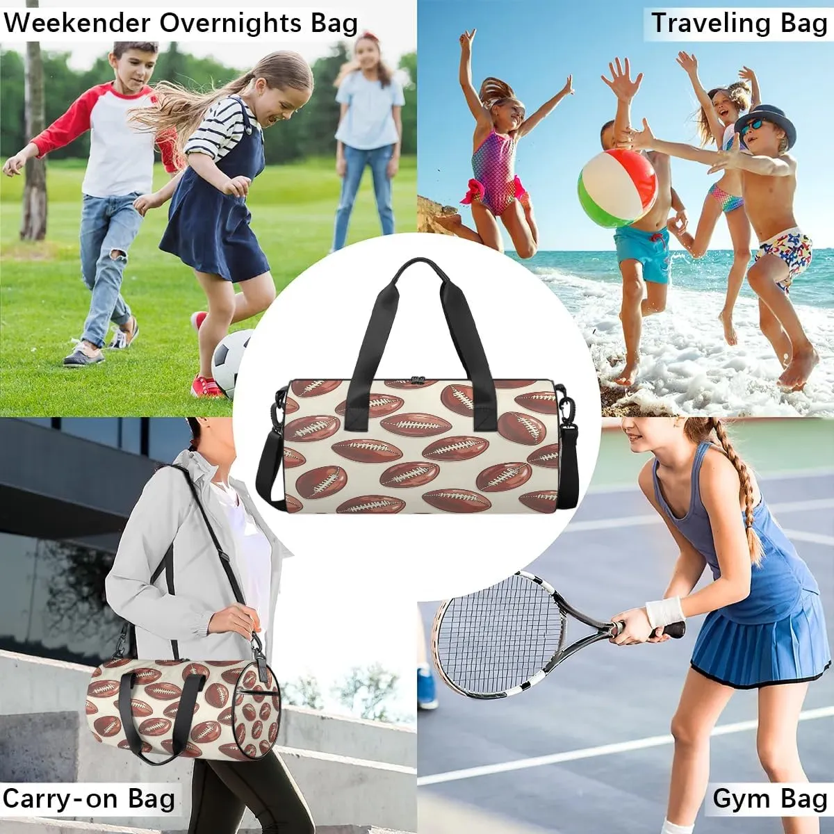 Gym Bags for Men Women Footballs Printed Sports Duffel Bags Carry On Travel Duffle Bag with Detachable Adjustable Shoulder Strap Overnight Weekender Bag