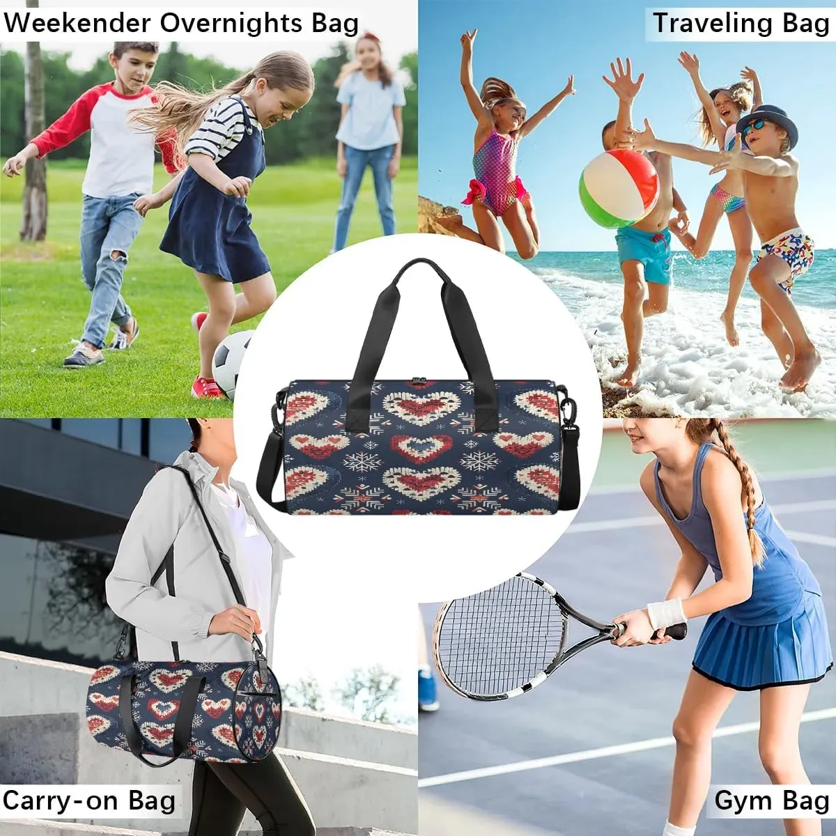 Gym Bags for Men Women Love Heart Ethnic Sports Duffel Bags Carry On Travel Duffle Bag with Detachable Adjustable Shoulder Strap Overnight Weekender Bag