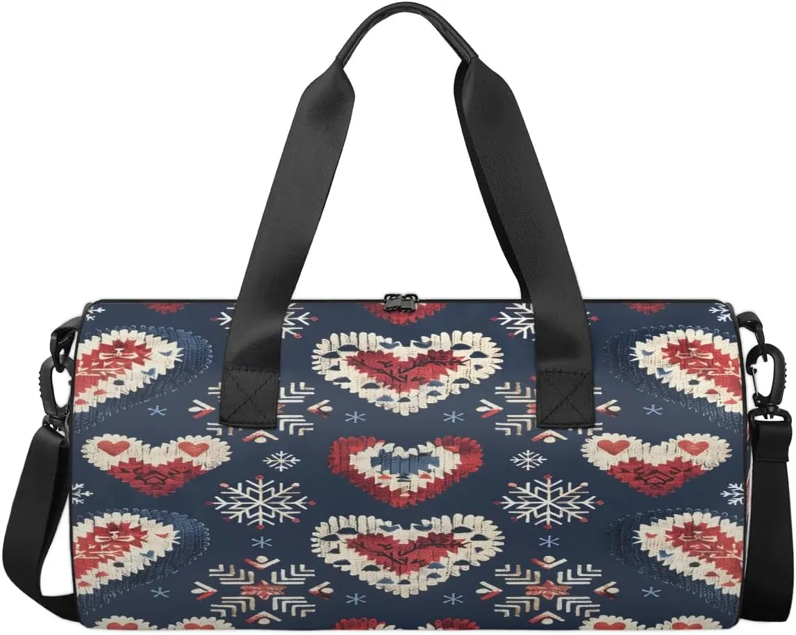 Gym Bags for Men Women Love Heart Ethnic Sports Duffel Bags Carry On Travel Duffle Bag with Detachable Adjustable Shoulder Strap Overnight Weekender Bag