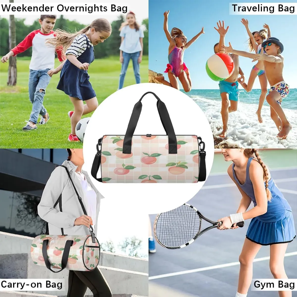 Gym Bags for Men Women Peaches Plaids Sports Duffel Bags Carry On Travel Duffle Bag with Detachable Adjustable Shoulder Strap Overnight Weekender Bag