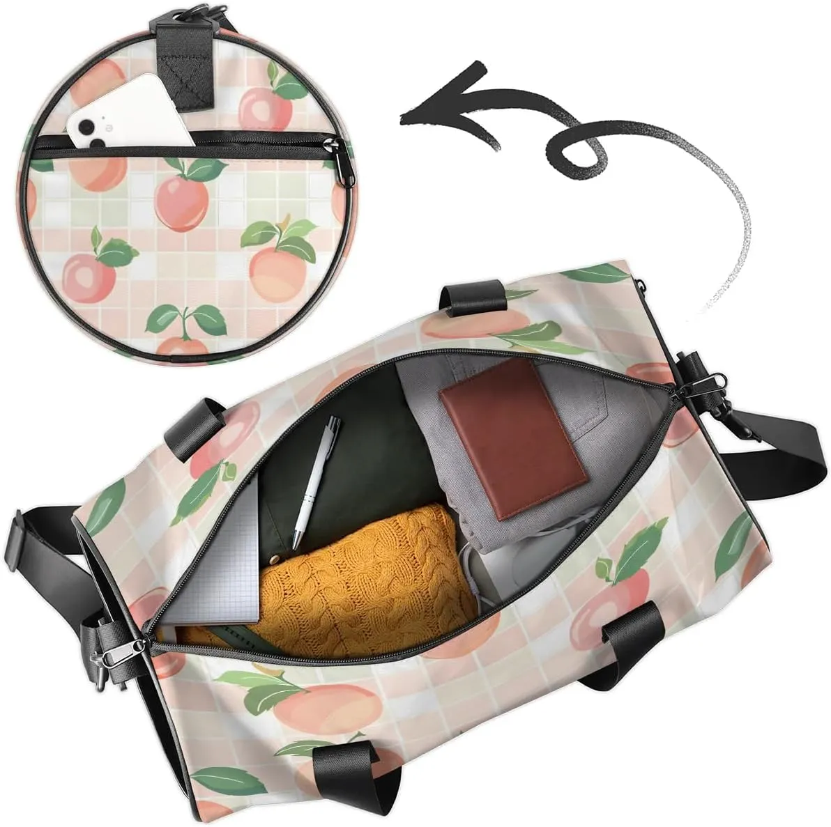 Gym Bags for Men Women Peaches Plaids Sports Duffel Bags Carry On Travel Duffle Bag with Detachable Adjustable Shoulder Strap Overnight Weekender Bag