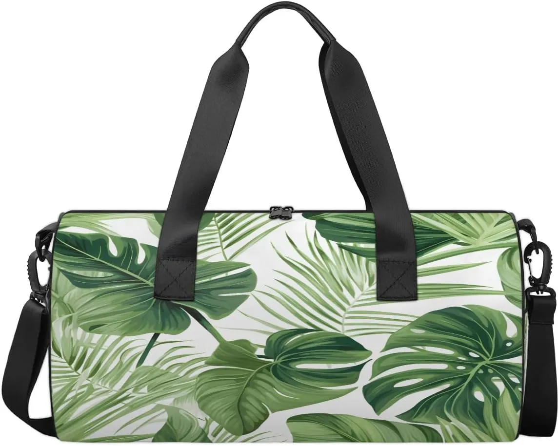 Gym Bags for Men Women Tropical Palm Fern Leaves Sports Duffel Bags Carry On Travel Duffle Bag with Detachable Adjustable Shoulder Strap Overnight Weekender Bag
