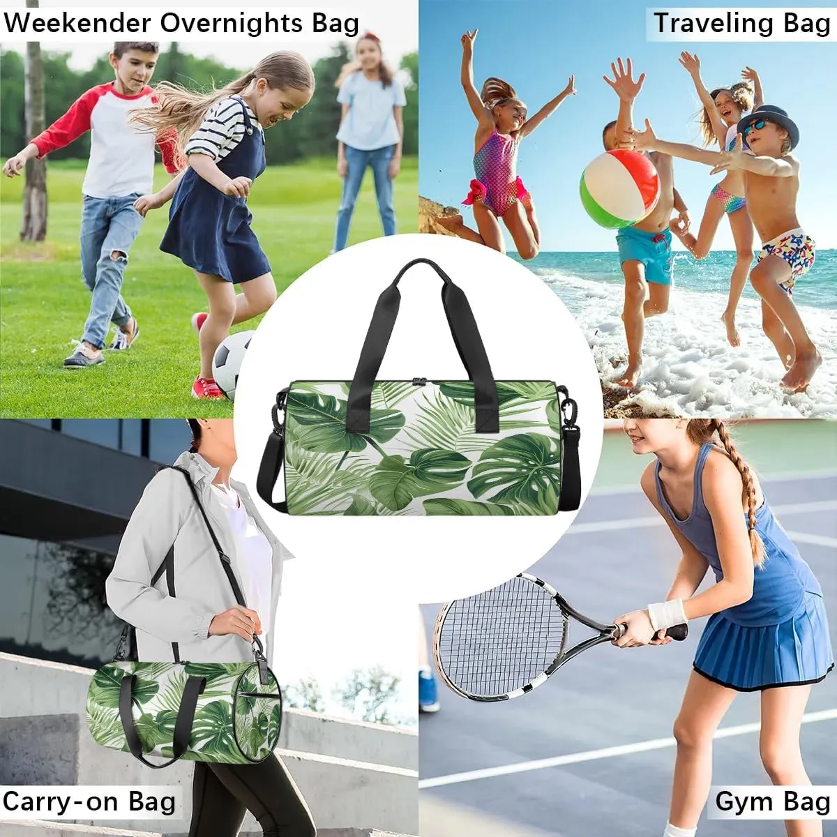 Gym Bags for Men Women Tropical Palm Fern Leaves Sports Duffel Bags Carry On Travel Duffle Bag with Detachable Adjustable Shoulder Strap Overnight Weekender Bag