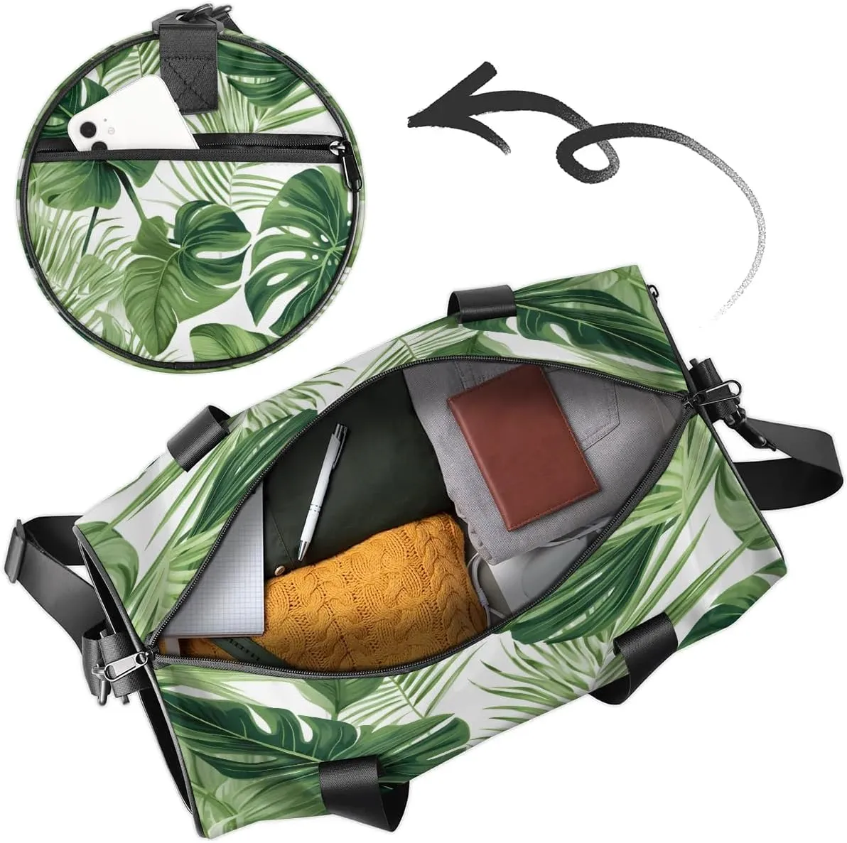 Gym Bags for Men Women Tropical Palm Fern Leaves Sports Duffel Bags Carry On Travel Duffle Bag with Detachable Adjustable Shoulder Strap Overnight Weekender Bag
