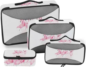 Hand Drawn Watercolor Pink Flamingos with Splashes on White 4 PCs Set Packing Bags, Luggage Organizer Bag, Portable Cube Toiletry bag, Durable Travel Cosmetic Storage Bag for Men Women