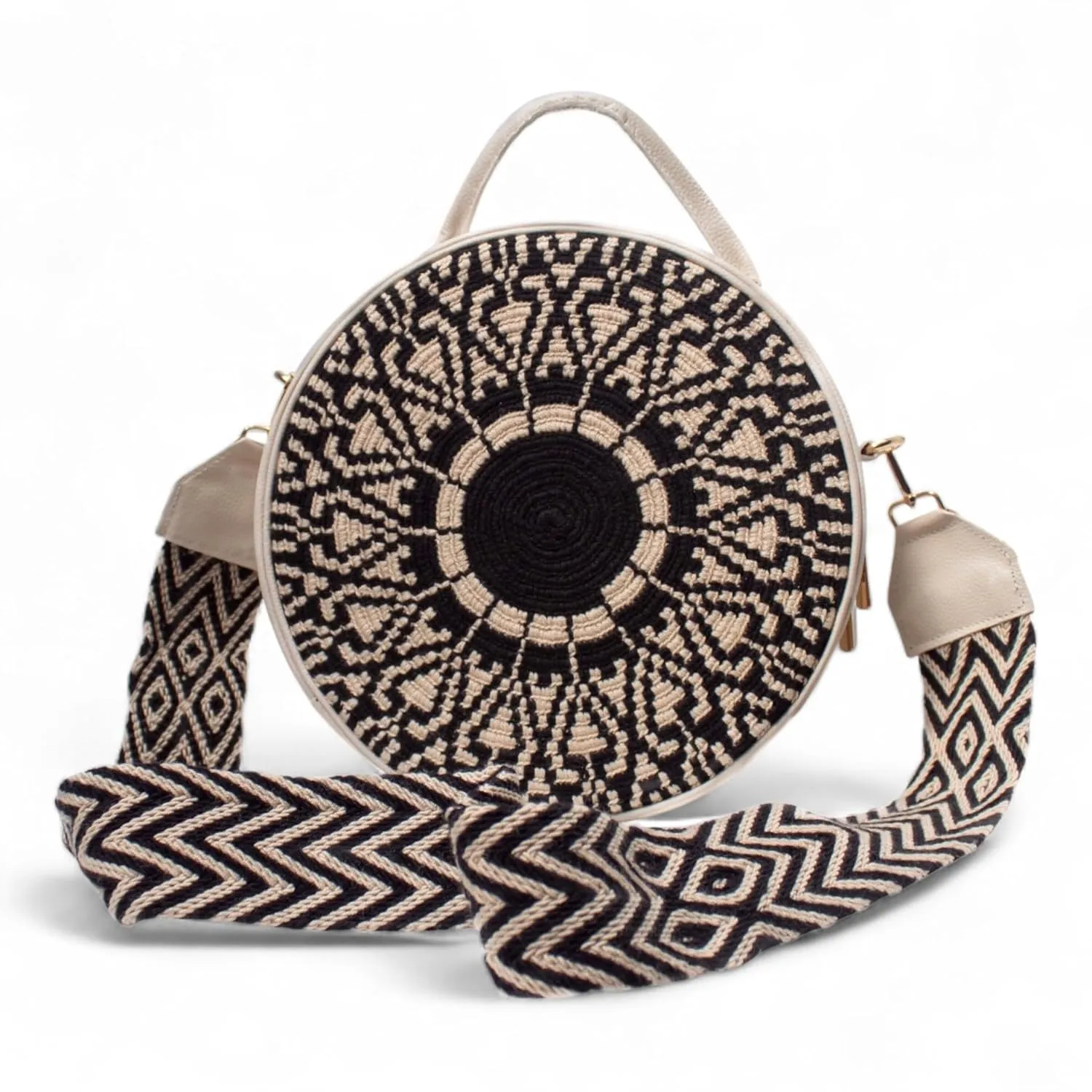 Handcrafted Leather Crossbody Bag for Women - Elegant Leather Bags with Unique Wayuu Weaving - Versatile Genuine Leather Crossbody Bag - Premium Colombian Materials and Design - Beige Bag with Black