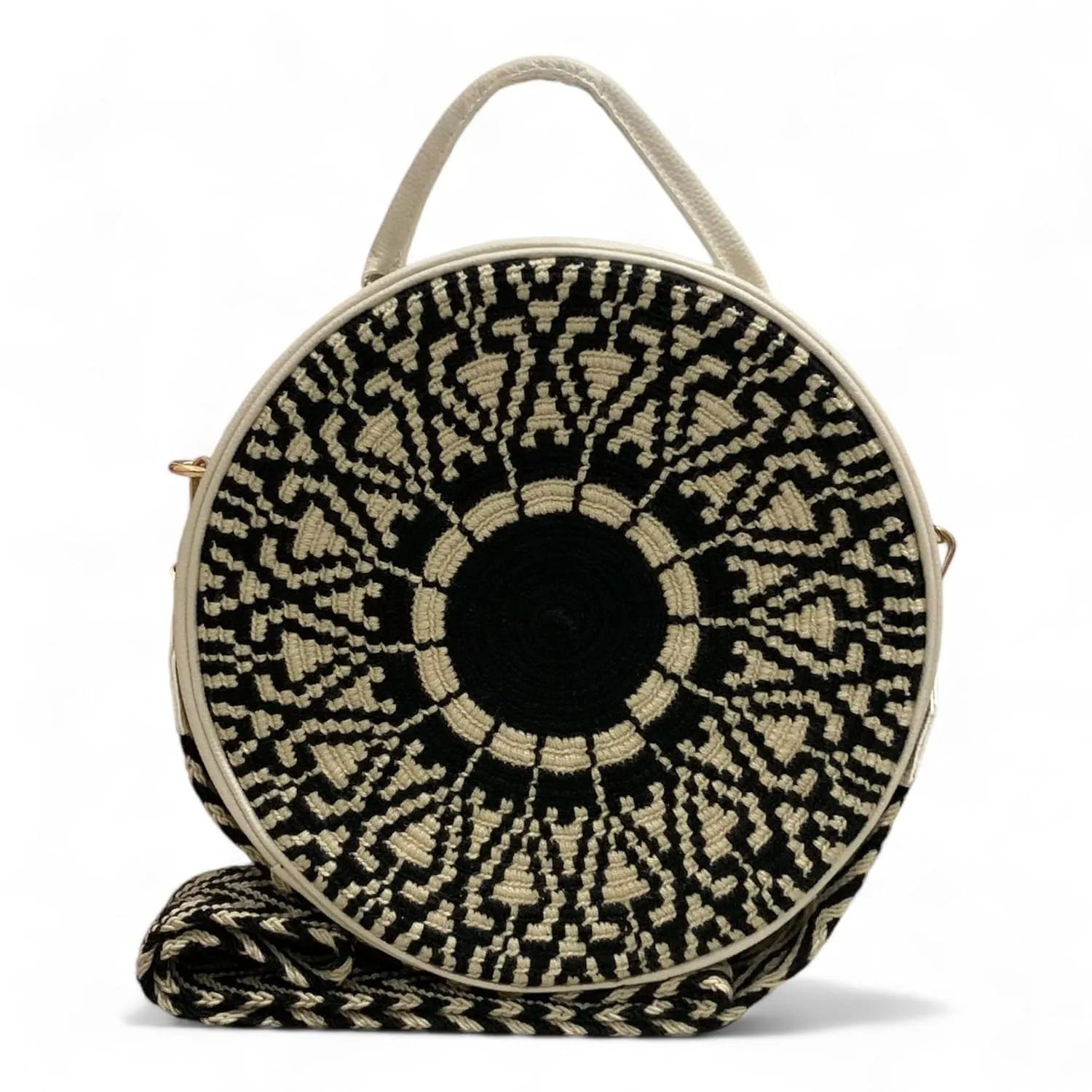 Handcrafted Leather Crossbody Bag for Women - Elegant Leather Bags with Unique Wayuu Weaving - Versatile Genuine Leather Crossbody Bag - Premium Colombian Materials and Design - Beige Bag with Black