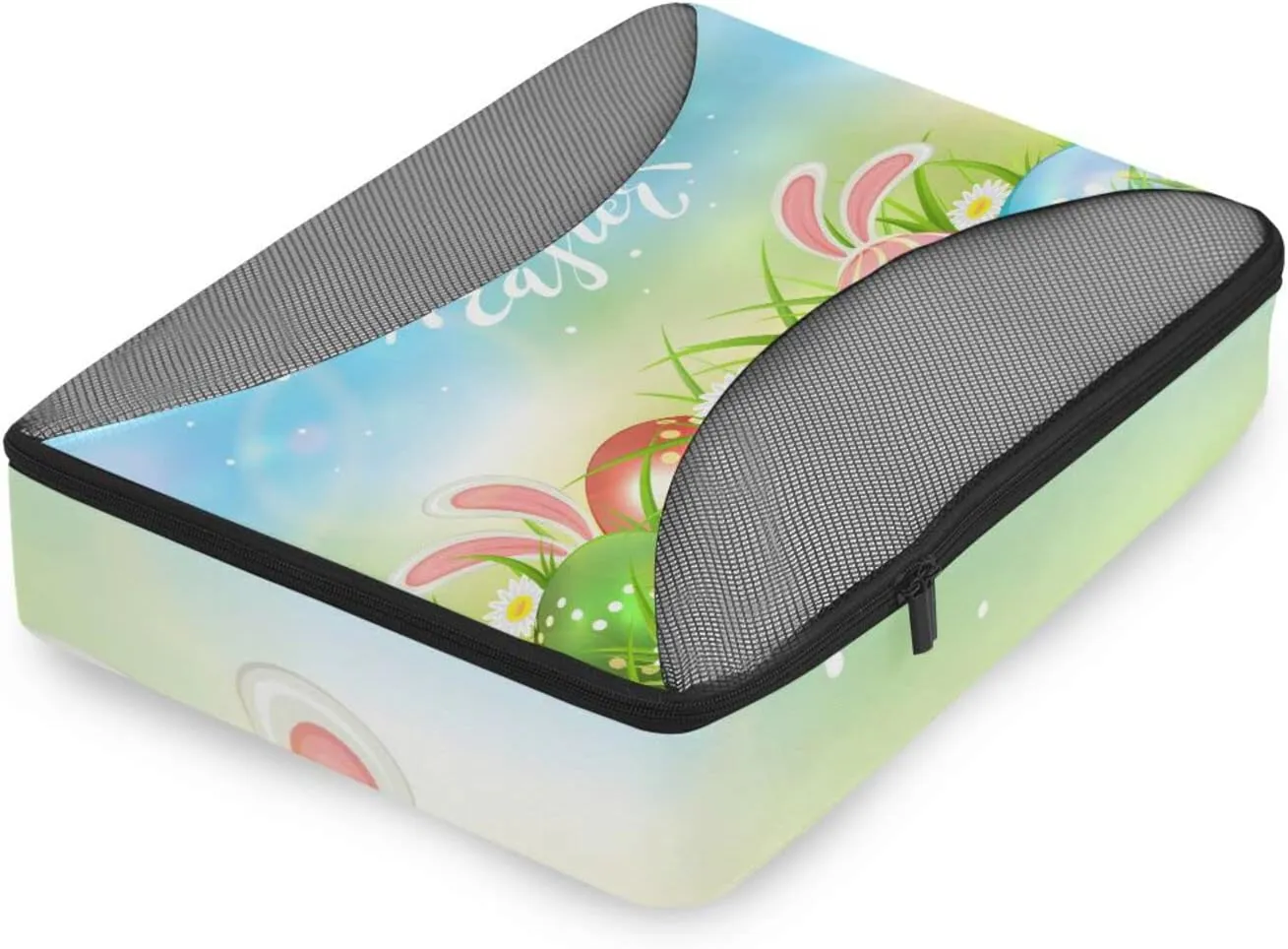 Happy Easter Eggs, Bunny Ears Blue Green Style Daisy Green Leaves 4 PCs Set Packing Bags, Luggage Organizer Bag, Portable Cube Toiletry bag, Durable Travel Cosmetic Storage Bag for Men Women