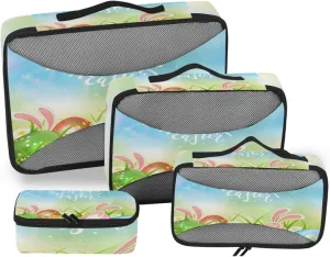 Happy Easter Eggs, Bunny Ears Blue Green Style Daisy Green Leaves 4 PCs Set Packing Bags, Luggage Organizer Bag, Portable Cube Toiletry bag, Durable Travel Cosmetic Storage Bag for Men Women