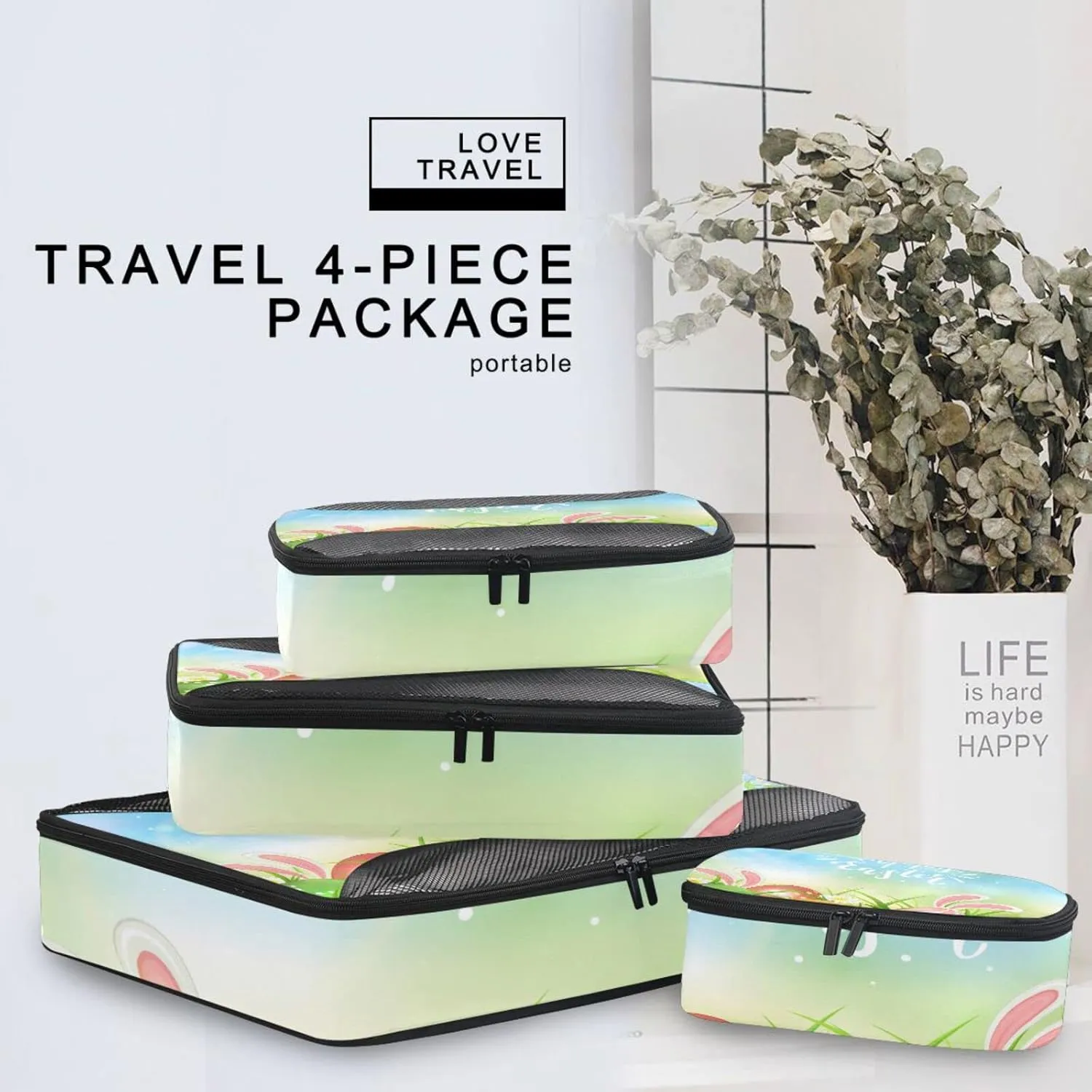 Happy Easter Eggs, Bunny Ears Blue Green Style Daisy Green Leaves 4 PCs Set Packing Bags, Luggage Organizer Bag, Portable Cube Toiletry bag, Durable Travel Cosmetic Storage Bag for Men Women