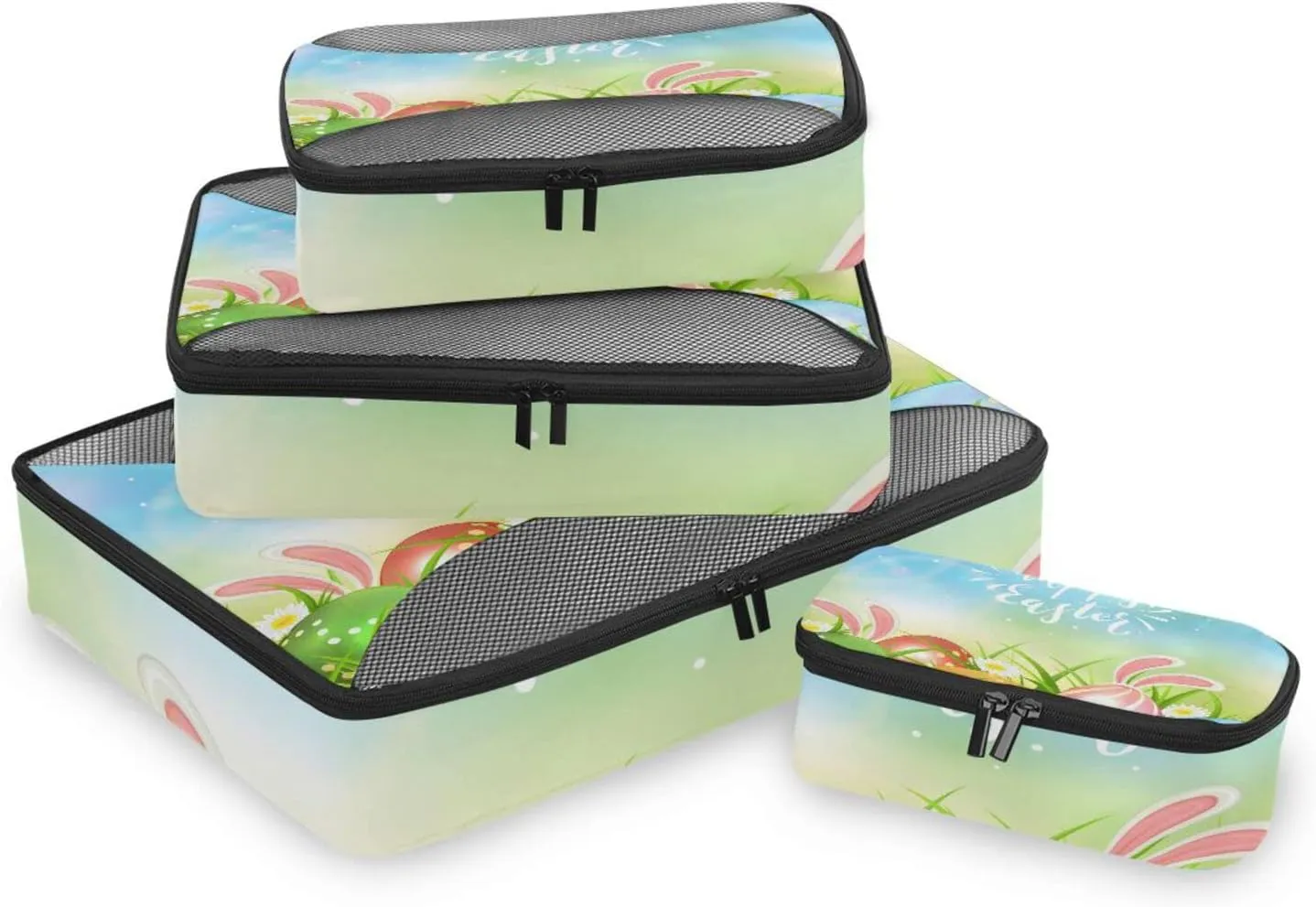 Happy Easter Eggs, Bunny Ears Blue Green Style Daisy Green Leaves 4 PCs Set Packing Bags, Luggage Organizer Bag, Portable Cube Toiletry bag, Durable Travel Cosmetic Storage Bag for Men Women