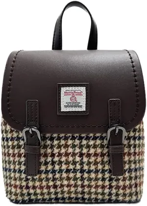 Harris Tweed Women Backpack Purse PU Leather Wool Casual Shoulder Bag Fashion Ladies Satchel Bags (No.614 Houndstooth, Small)