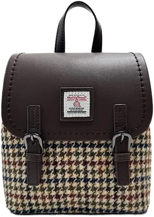 Harris Tweed Women Backpack Purse PU Leather Wool Casual Shoulder Bag Fashion Ladies Satchel Bags (No.614 Houndstooth, Small)