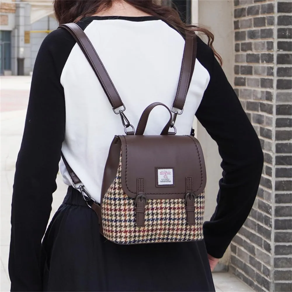 Harris Tweed Women Backpack Purse PU Leather Wool Casual Shoulder Bag Fashion Ladies Satchel Bags (No.614 Houndstooth, Small)