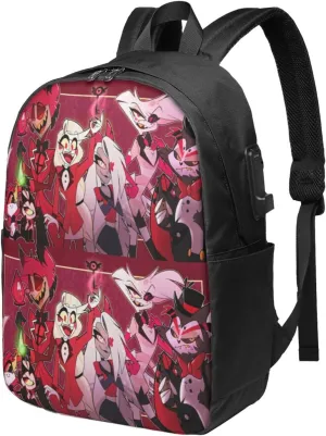 Hazbin Comedy Hotel Laptop Backpack Gym Bags Work Rucksack Convenient Travel Bags Unisex Adult Casual Daypack for Fitness Computer Bag with Usb Charging Port